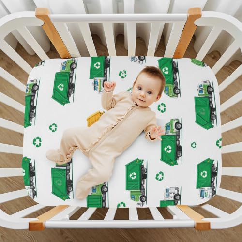 Image of Recycling Garbage Trucks Crib Sheets Soft Breathable Fitted Baby Crib Sheets Mattress Cover for Girls Boys, 52 inch x 28 inch x 9 inch