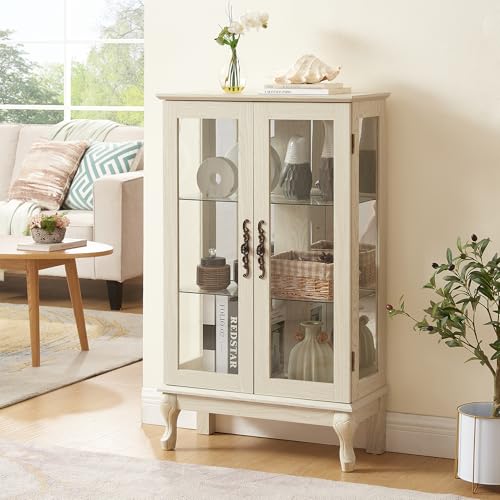 Image of 43 inch H Lighted Curio Cabinet Display Case, Glass Curio Cabinet with Adjustable Shelves & Tempered Glass Door, Wooden Cabinets with Mirrored Back Pane for Living Room (Antique White)