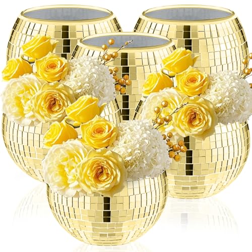 Image of 6 Pcs Disco Ball Vase,5 inch X 6 inch Disco Ball Centerpieces,Glass Disco Ball Planter Mirror Disco Ball Decor Can Be Used for Wedding Centerpieces,Birthday,Office(Gold)