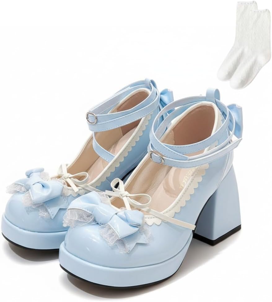 Women's Kawaii Platform Mary Jane Pumps Chunky Heel Bows Ankle Strap for Cosplay Gothic Lolita Style Shoes with Lace Socks