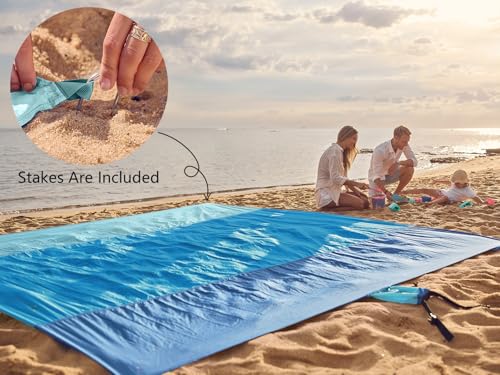 Image of WEKAPO Beach Blanket Sandproof Waterproof, Extra Large Beach Mat, Oversized & Compact Sand Free, Quick Drying Beach Essentials for Vacation, Cruise, Picnic & Camping with Stakes