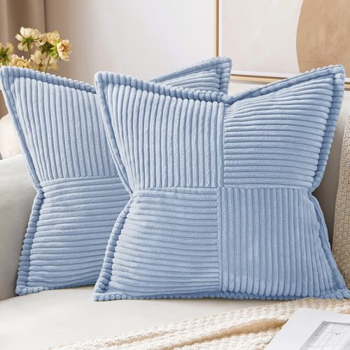 Image of MIULEE Decorative Throw Pillow Covers for Couch Bed Livingroom 18x18 Inch Set of 2 Light Blue Boho Accent Throw Pllows Broadside Striped Patchwork Soft Corduroy Pillowcases