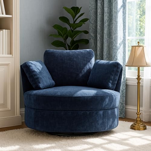 Aortzio 40.6''W Swivel Accent Barrel Chair, Chenille Upholstered Round Single Couch Sofa with 3 Pillows for Living Room, Apartment, Bedroom (Blue)