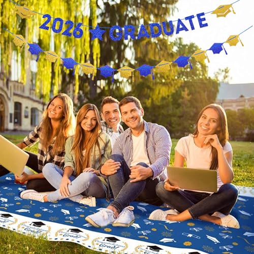 Image of Navy-Blue White-Gold Party-Decoration Graduation Banner - 8pcs Kits Cap Garland Streamers, Paper Tissue Pom Poms Flowers, 2025 Craduate Banner Congratulations Grad Decor Lasting Surprise