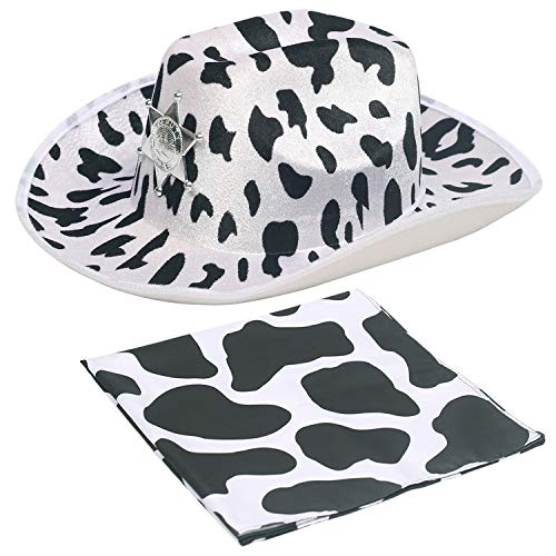 Funcredible Cow Print Cowboy Hat with Bandana - Cow Print Cowgirl Costume Set - Halloween Children's Black Cow Print Felt Cowboy Hat Costume Accessories - Rodeo Western Cowboy Hats and Bandana