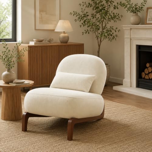 KEIKI Accent Chair with Solid Wood Legs, Velvet Single Seat Sofa for Living Room or Bedroom, Comfy Armless Reading Chaise Lounge, White