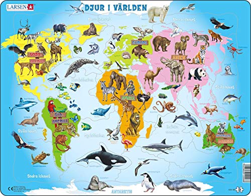 Larsen Puzzles A34 Tiere der Welt Puzzle Kinder Schwedisch Ausgabe 28 Teile Lernpuzzle Weltkarte Tierarten Pädagogisch