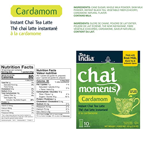 Tea India Chai Moments Cardamom Chai Tea Instant Latte Mix Flavorful Blend Of Premium Black Tea, Cardamom & Natural Ingredients Traditional Indian Tea Individually Wrapped 10 Sachets Pack Of 6 #TOP3