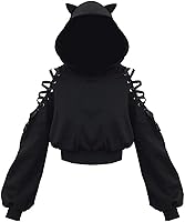 Vista 1 de Sudadera con capucha con orejas de gato para mujer, manga larga, hombros descubiertos, bonita sudadera con capucha