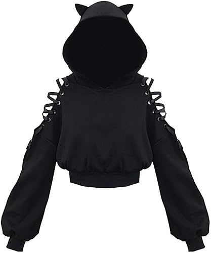 Sudadera con capucha con orejas de gato para mujer, manga larga, hombros descubiertos, bonita sudadera con capucha
