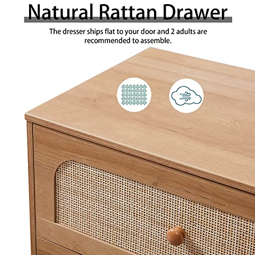 GANLLY Rattan 6 Drawer Dresser for Bedroom, Natural Wood Dresser with Deep Drawers, Wooden Chest of Drawers for Closet with Wide Top, for Living Room, Hallway, Kids Room,Natural - Image 6