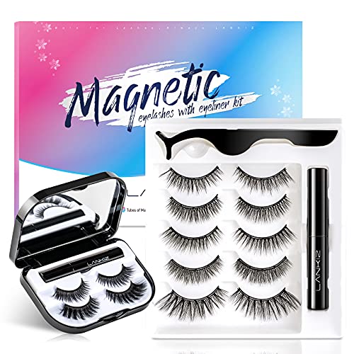 LANKIZ-Magnetic-Eyelashes-Kit, 7 Pairs Magnetic Lashes Natural & Dramatic Look with Portable Mirror Storage Case, 2 Tubes of Magnetic Eyeliner & False Eyelashes Applicator Kit