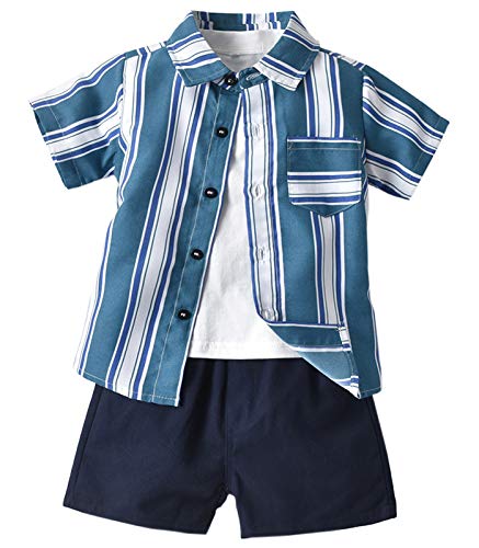 Sangtree Toddler Little Baby Boys Summer Short Sets, Button Down Shirt & Short Sleeve Tee & Short Pants Hawaiian Outfit, Stripe Navy, 12-18 Months = Tag 80 #TOP6