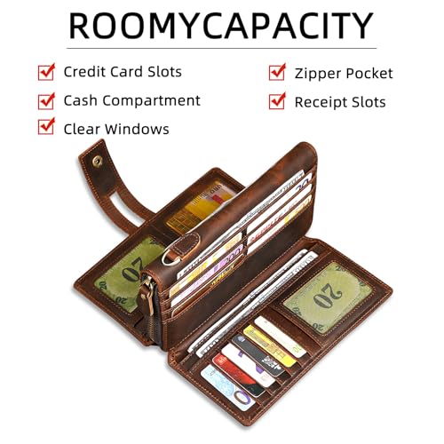 Image of Genuine Crazy Horse Leather Travel Gift Coin Pocket Card Case Long Organizer Chain Rfid Wallet Purse With Snap For Men Male 1803 1815 (W-1819-Brown)