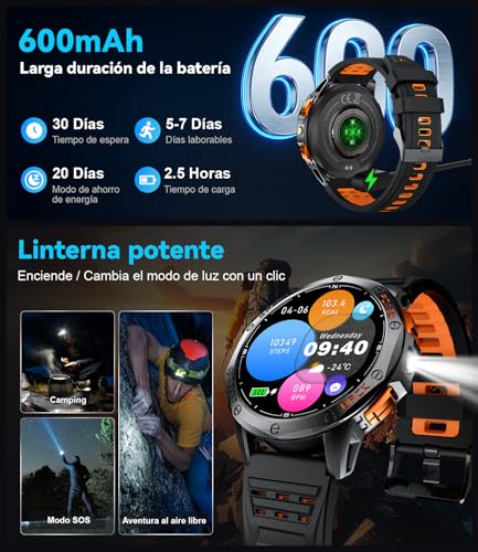LIGE Montre Connectée Homme GPS avec Boussole/Baromètre, Lampe Torche, Écran AMOLED 1,43", Batterie 600mAh, 5ATM, Appels Bluetooth, Suivi Santé pour Android et iOS,DM1-H