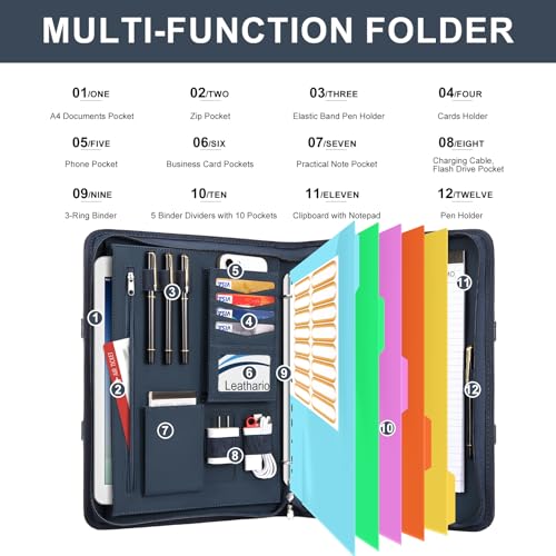 Image of Leathario Portfolio Binder, Includes 5 Folder Index Dividers, 13 Inch Tablets Organizer with Handle, Vegan Leather A4 Padfolio, Multi-Pocket Notepad Business Planner Professional Document