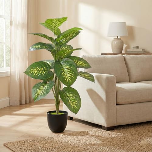 Image of Dekorly Artificial Palm Tree - Large Fake Tropical Floor Plant, Realistic Plastic Greenery for Indoor Home, Office, Living Room & Corner Decor (Dieffenbachia)
