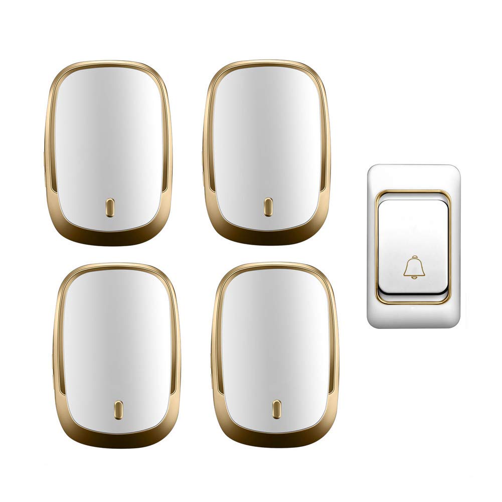 Campanello Wireless Impermeabile IP44, Kit Campanello per Porta a Distanza Ultra Lunga per la casa, 1 Pulsante + 4 ricevitori, 36 suonerie, 4 Livelli di Volume, Nero,Oro