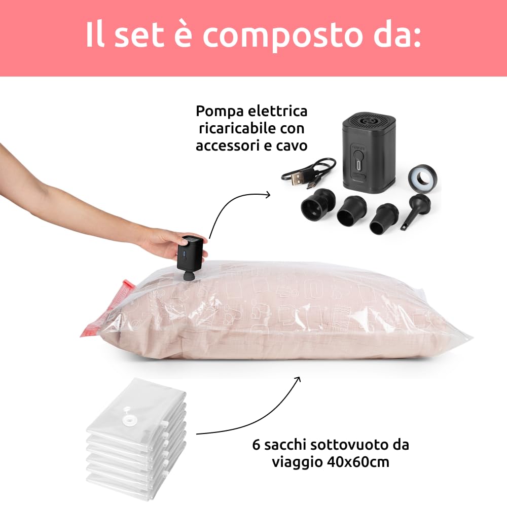 Compactor Sacchi Sottovuoto da Viaggio per Valigia Smart Travel – Set 7 Pezzi con Pompa Elettrica Ricaricabile e 6 Sacchetti Salvaspazio 40x60 cm