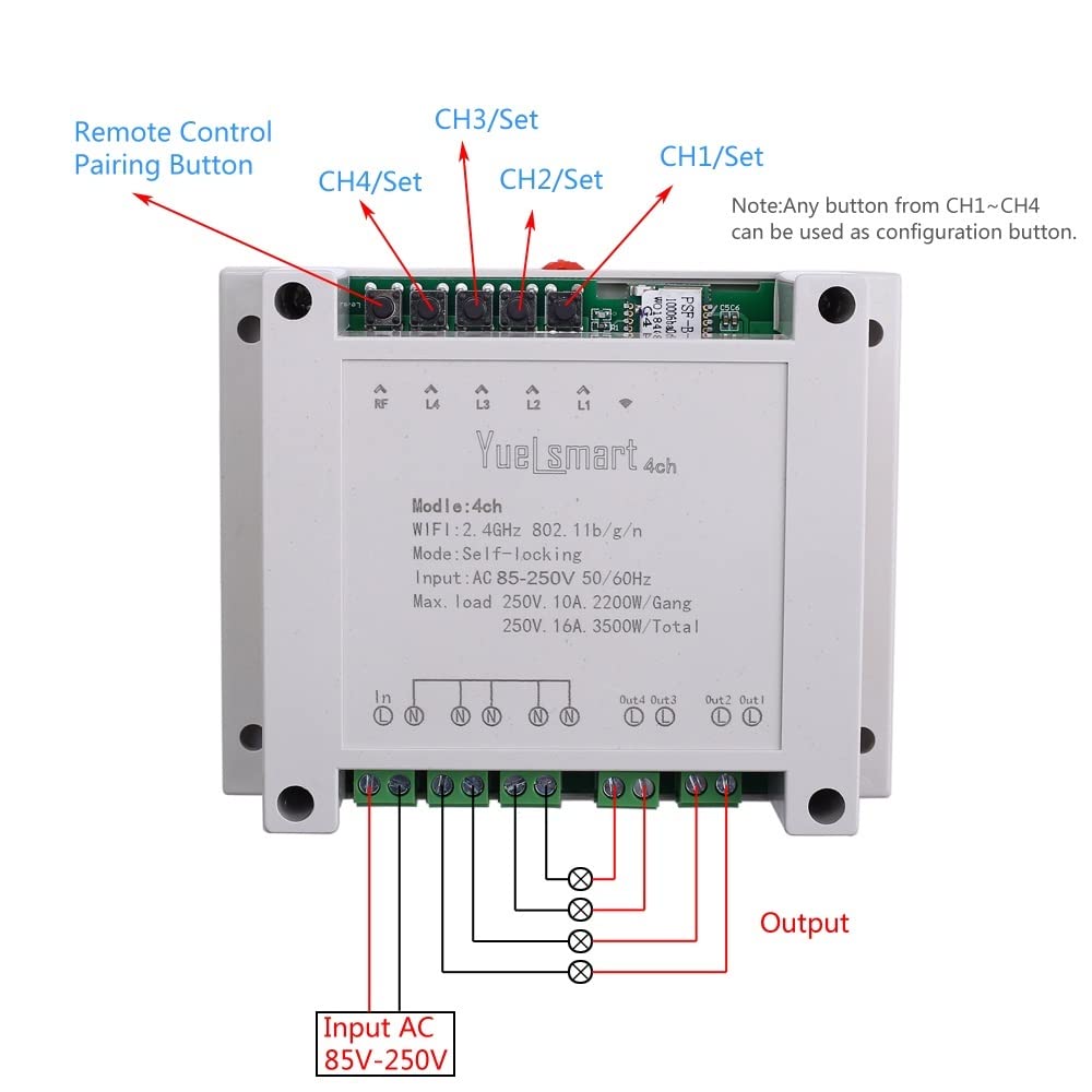 AC 85V-250V con Telecomando 4 canali 2.4G IoT 10A Wireless WiFi Interruttore di Controllo Intelligente Modulo relè autobloccante (Color : Switch Controller)