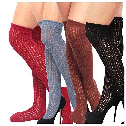Teehee Women's Fashion Cotton Over The Knee Socks - 4 Pairs Pack (Open Pointelle)