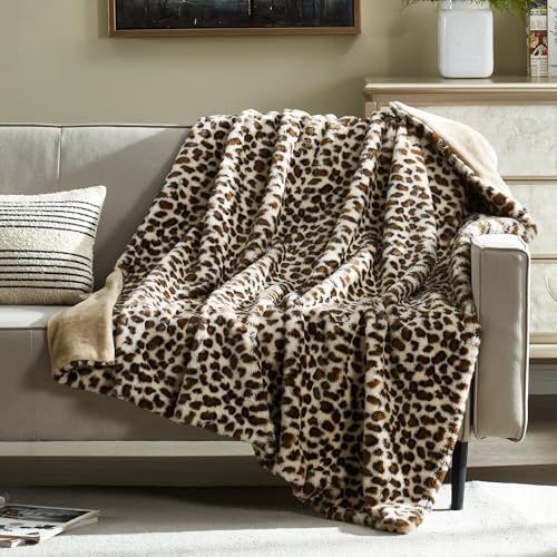 DREAMNINE Tierprint Kaninchenpelz-Imitat Decke,130 x 150 cm,Brauner Leopard – Ansicht 4