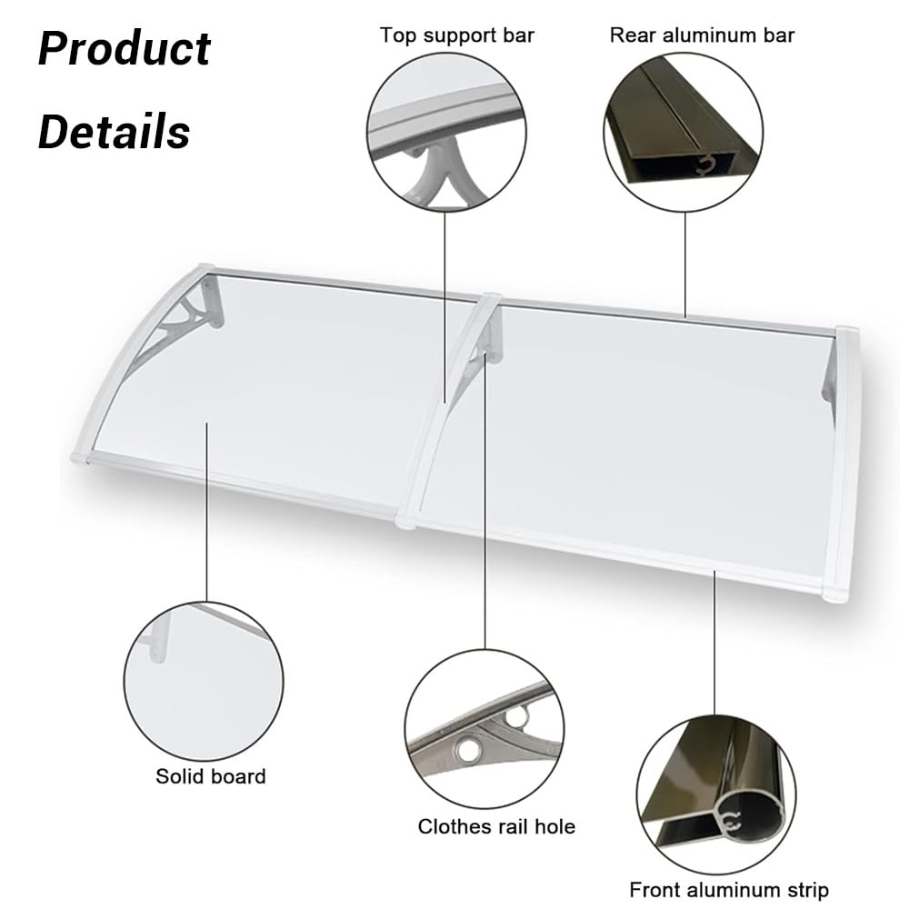 Auvent De Porte D'entrée Toit Marquise en Polycarbonate Transparent | Auvent Pour Terrasse 100x300cm Marquise De Porte Extérieure, Toit Abri Protection Contre La Pluie(White,100x180cm/39"x71")