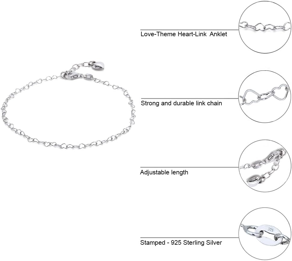 Vanbelle Sterling Silver Jewelry - Rhodium Plated 925 Stamp - Interlinked Chain & Drop Heart Anklet - Stylish Beautifully Designed for Women - 9" Long + 1" Extender - Image 5