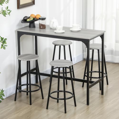 HOMCOM 5-Piece Bar Table and Chairs Set, 43.25" Industrial Pub Table with 4 Stools, Counter Height Kitchen Table Set for Small Space, Gray