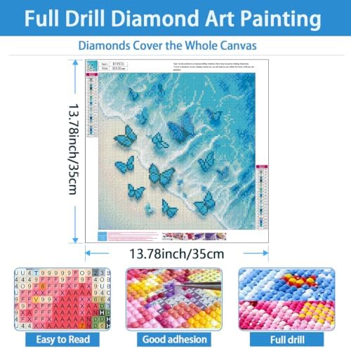 TYPUSOK Beach Diamond Art Kits for Adults,Round Full Drill 5D Diamond Painting Kits for Beginners,Blue Butterfly DIY Diamond Dots Pictures Gem Art Kit,Home Wall Decor 13.78x13.78inch — 사진 3