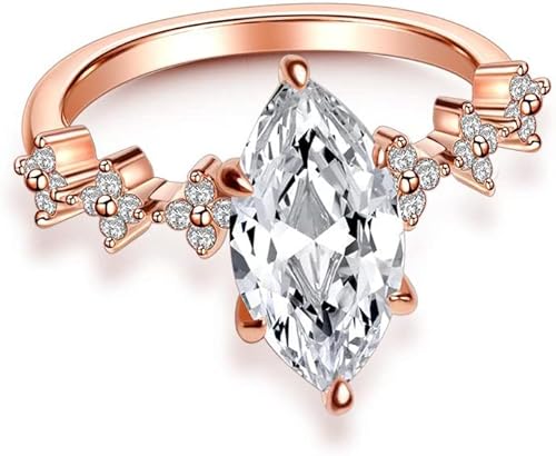 Anillo de compromiso chapado en oro rosa con circonita cúbica transparente de corte marquesa para mujer, anillo de boda con halo de diamantes de