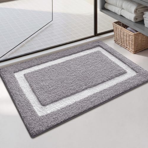 Image of Color&Geometry Mini Gray Bathroom Rugs 24x16, Extra Soft Absorbent Microfiber Bath Rug, Non-Slip Bathroom mat, Washable Plush Bath Mats for Bathroom, Shower, Bathtub, Laundry, Light Grey and White