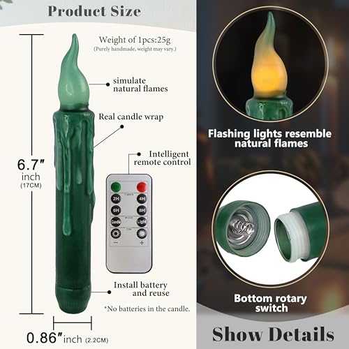 Image of Real Wax LED Flameless Short Taper Candles with Remote, 6.7 Inches Green Candlesticks, Dripless Battery Operated Flame Rustic Primitive Flameless Lights Holiday Decor, Pack of 2