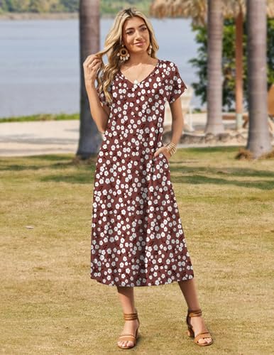 Image of Zeagoo Women Summer Floral Dress Short Sleeve Beach Dress with Pockets Casual V-Neck Split Long T-Shirt Dress Travel Vacation