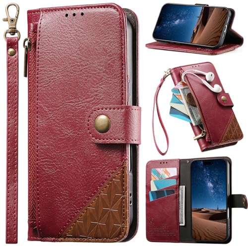 Funda Tipo Libro para OPPO A54S/Oppo A16S, Piel sintética, Cierre magnético, función Atril, Tarjetero, Carcasa con Cremallera para OPPO A54S/Oppo A16S-Rojo