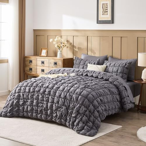 Image of Grey Comforter Set King Size Bed in A Bag 7 Piece Pinch Pleat Bedding Set, Pintuck Ruched Square Bed Set with Comforter, Sheets, Pillowcases & Shams