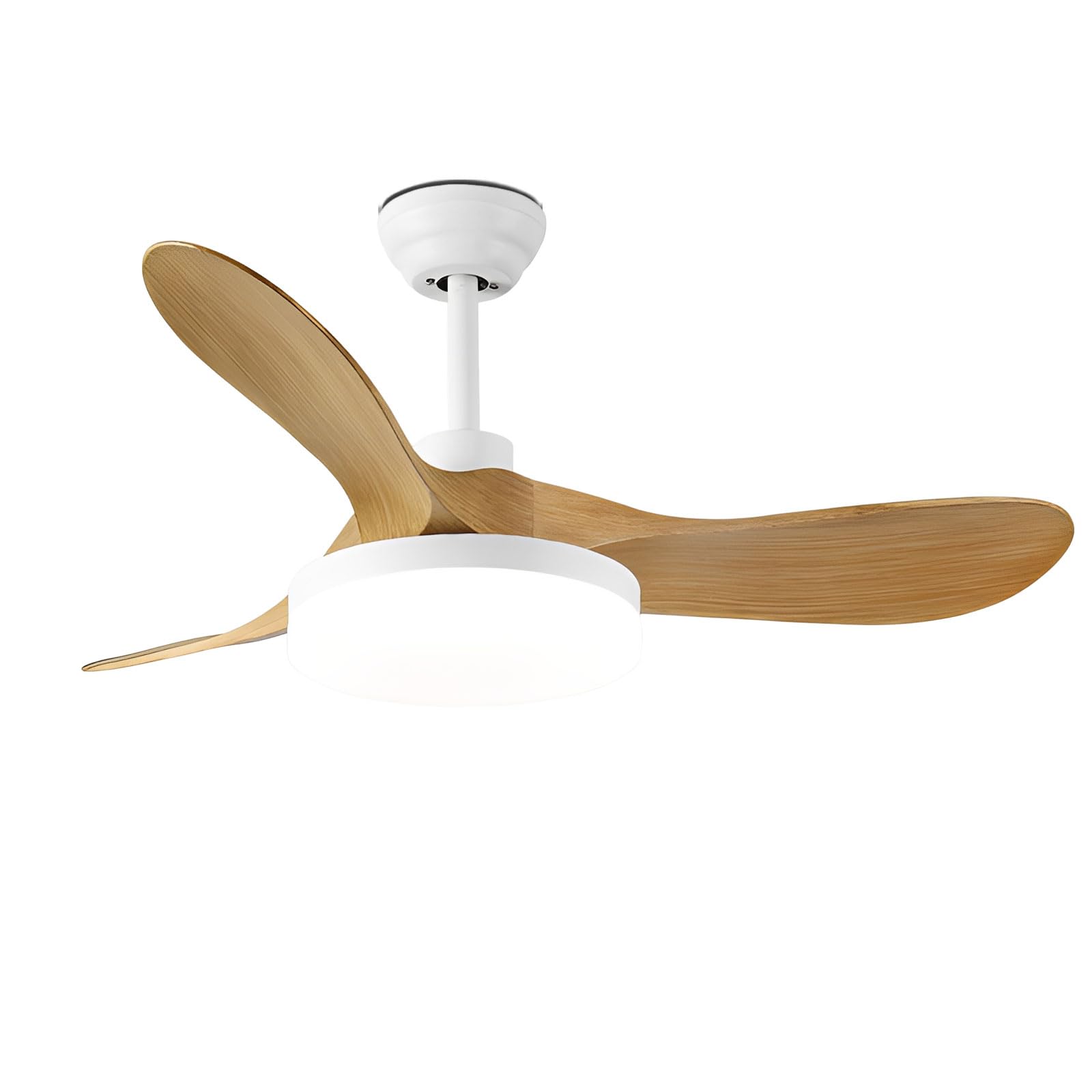 Ventilador de Techo Moderno Blanco con Detalles en Madera Clara, silencioso, con luz LED Regulable, Control Remoto Inteligente (por aplicación o Voz), 6 velocidades, Ideal para dor