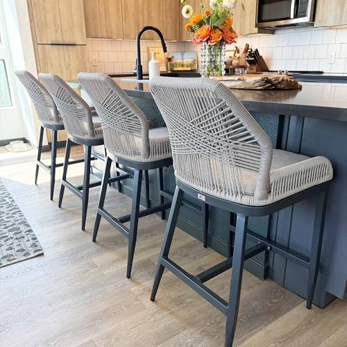 Image of PURPLE LEAF Counter Height Bar Stools Set of 4 Rattan Wicker Outdoor Metal Boho Barstools with Back and Footrest Patio Garden Balcony Pool Bar Chairs