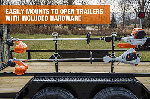 Image of Buyers Products LT18 2-Position Lockable Weed Wacker /Trimmer Rack for Landscape Trailers - Adjustable, Black Powder-Coated Steel, Holds 2 Weed Eaters, Rust-Resistant Lawn Edger Rack, Made in USA