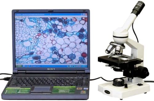 AmScope M600B-E Digital Compound Monocular Microscope, WF10x and WF20x Eyepieces, 40x-2000x Magnification, Brightfield, Tungsten Illumination, Abbe Condenser, Mechanical Stage, 110V, Includes 0.3MP Camera and Software