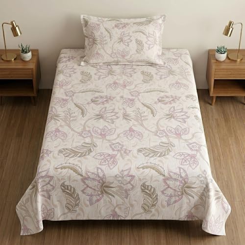 Image of Mafatlal 186 TC Metro Cotton Single Bedsheet | 90 x 60 Inch | Soft Daily Use Bedding with Pillow Cover | Printed Cotton Bedsheet | Peach Blossom
