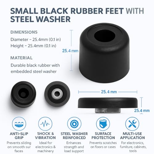 Image of Penn Elcom Small Black Rubber Feet with Steel Washer - Set of 12 | Protective Bumper for Electronics, Cabinets, Cases & Furniture | Anti-Slip, Vibration-Resistant (O - 25.4mm, H - 25.4mm)