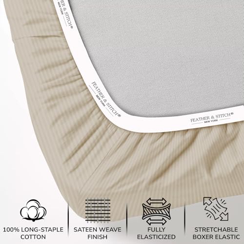 Image of Feather & Stitch 500 TC Full Size Damask Bed Sheet Set, 100% Cotton Soft Breathable Bedsheets, 4 Piece 18 inch Deep Pockets Sateen Weave Striped Bedding Mattress Resort Hotel Luxury- (Beige Stripe)