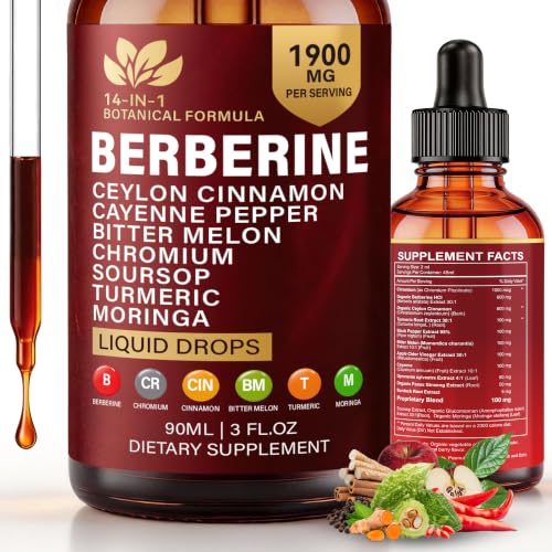 Bobabemo 14-in-1 Berberine with Ceylon Cinnamon Supplement Liquid Drops 1900mg Herbal Complex with Turmeric Blank Papper Bitter Melon for Metabolism Digestive & Immune Support 45-Day Supply