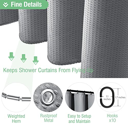 Dynamene Stall Fabric Shower Curtain - 54x78 inch Long Waffle Weave Weighted Thick Cloth Shower Curtains for Bathroom,Neutral Heavy Duty Hotel Spa Luxury Bath Curtain Set with 10 Hooks, Grey/Gray