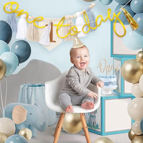 Image of Rozi Decoration One Today Cursive Golden Hanging Banner with Golden & White Tassel Garland for First Birthday Decoration