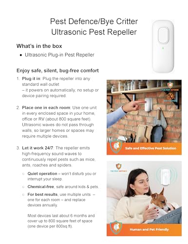 pest defence ultrasonic pest repeller bye critter ultrasonic pest repeller plug-in mouse repellent for home  repels mice spiders rodents cockroaches and ants  eco-friendly chemical-free