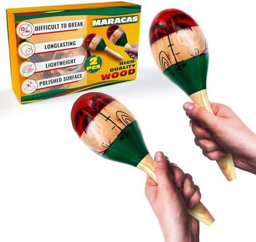 2PCS Mexican Maracas Made Of Wood – Bright Rumba Shakers For Creating Latin-American Vibe At Any Celebration – Great Musical Instrument For Salsa Rhythm