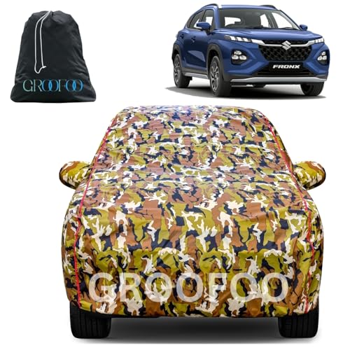 Image of GROOFOO Car Cover Compatible with Maruti Suzuki Fronx | Camouflage, Waterproof, Dustproof, UV Protection | Military Jungle Design | Custom Fit, Triple Stitched | All Weather Body Cover