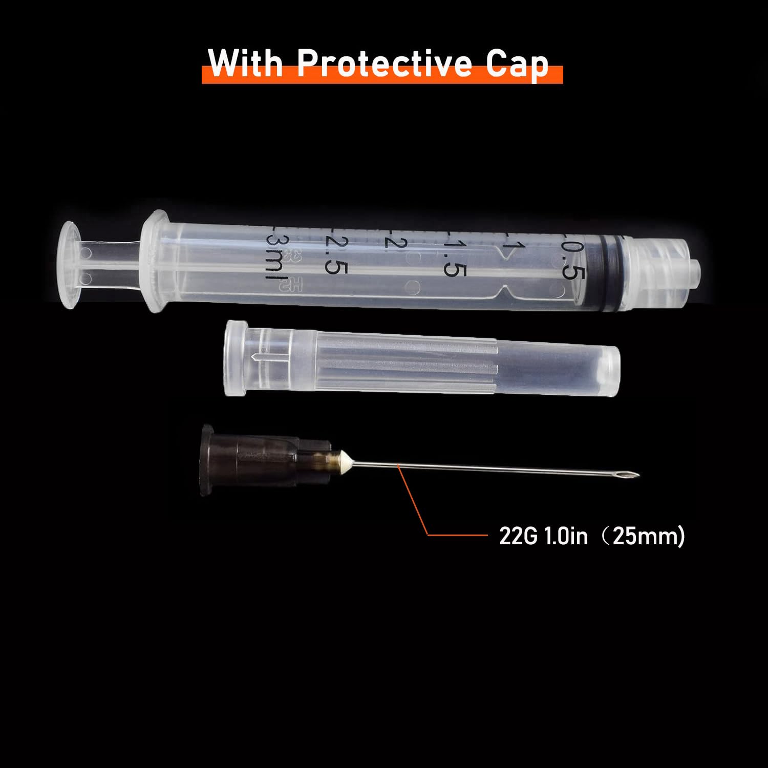 Paquete de 50 jeringas desechables Luer Lock de laboratorio de 3 ml/cc con aguja de 22 Ga de 1.0 pulgadas | Empaquetado individualmente sellado